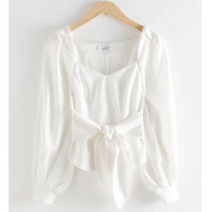 White linen blend tie front blouse